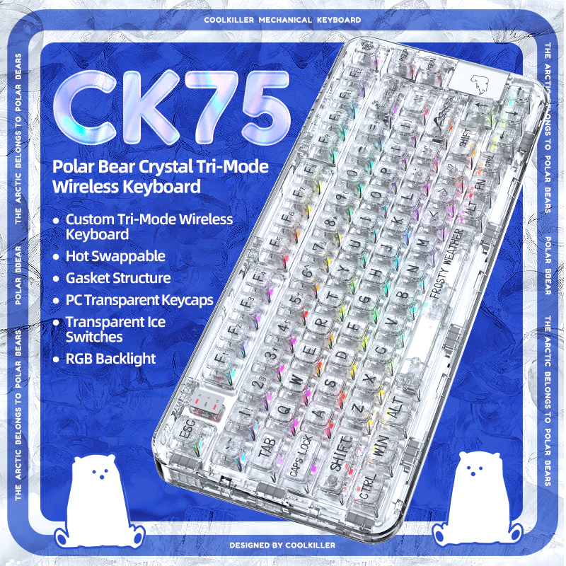 YUNZII CK75 Wireless Transparent Gasket Mechanical Keyboard-Polar Bear - Image 3
