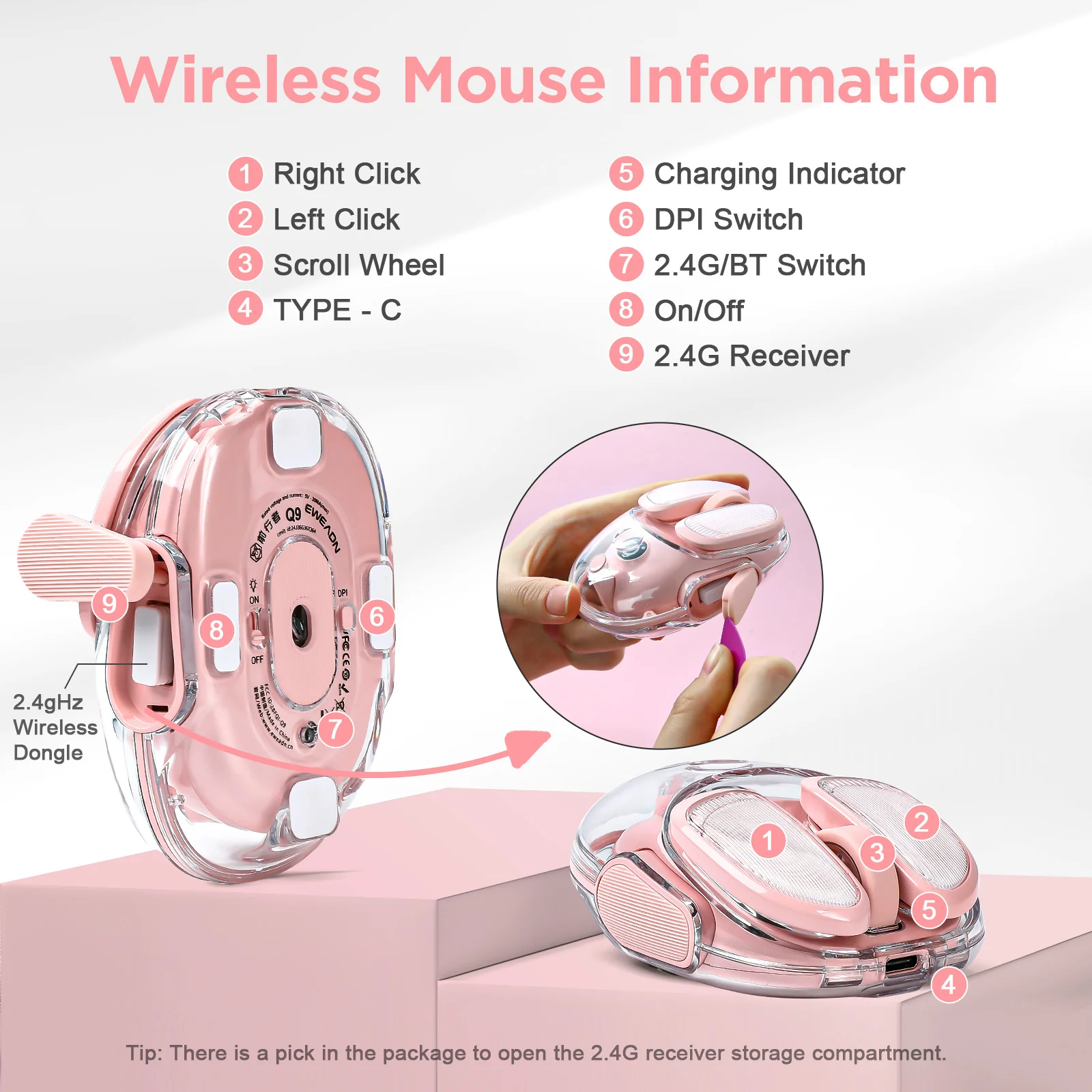 EWEADN Q9 Translucent Wireless Mouse - Image 8