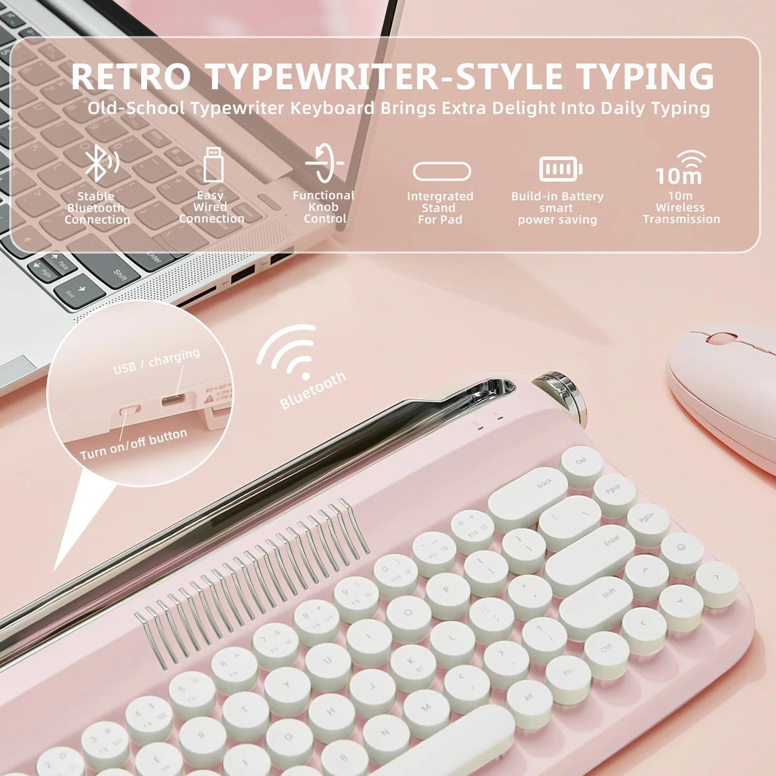 YUNZII ACTTO B307 Upgraded Rechargeable Wireless Retro Typewriter Keyboard - Image 4