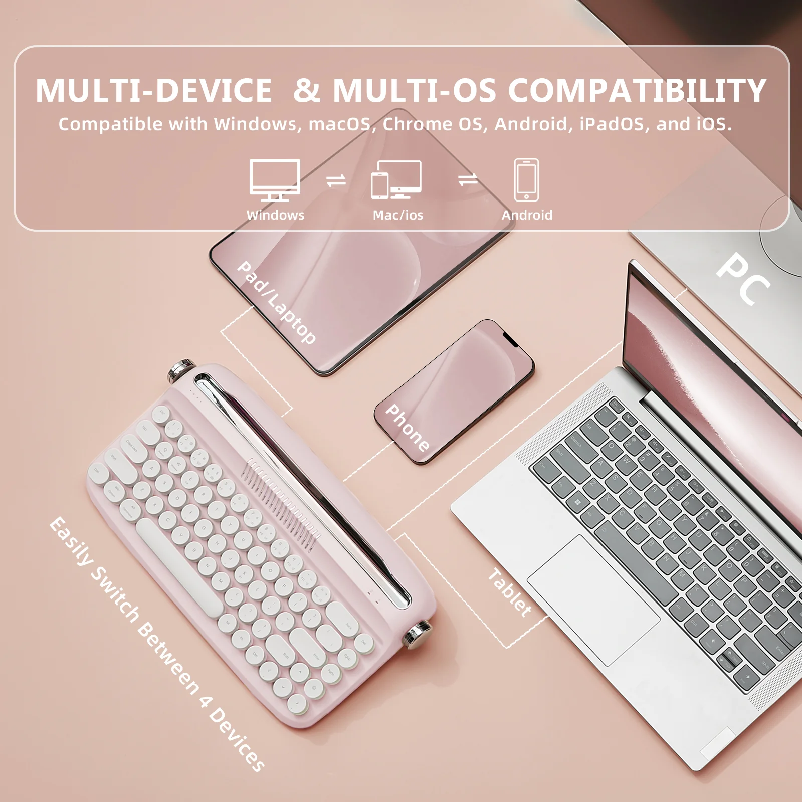 YUNZII ACTTO B307 Upgraded Rechargeable Wireless Retro Typewriter Keyboard - Image 5