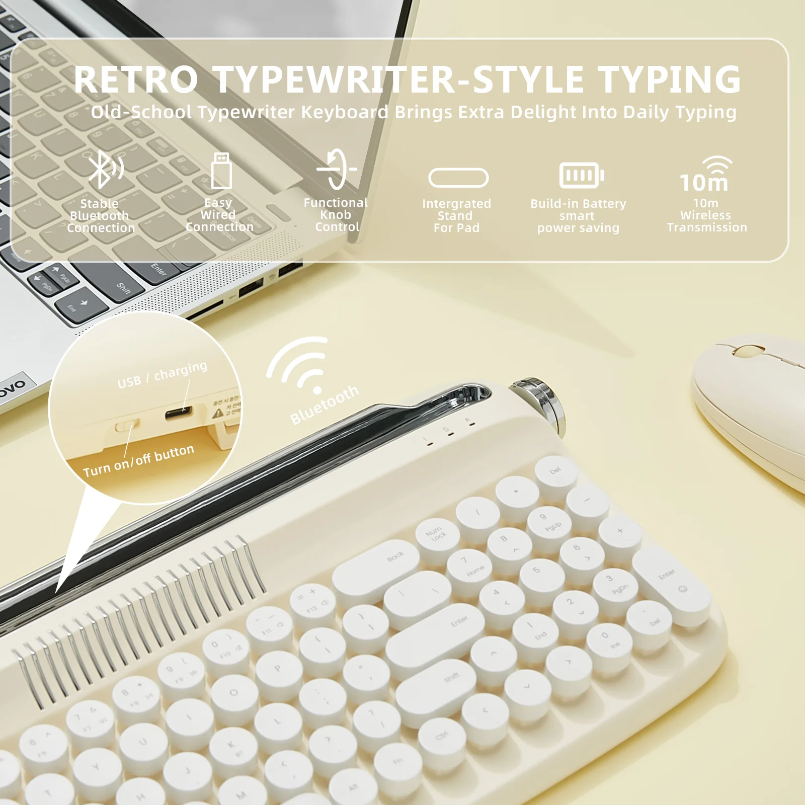 YUNZII ACTTO B309 Upgraded Rechargeable Wireless Retro Typewriter Keyboard - Image 4
