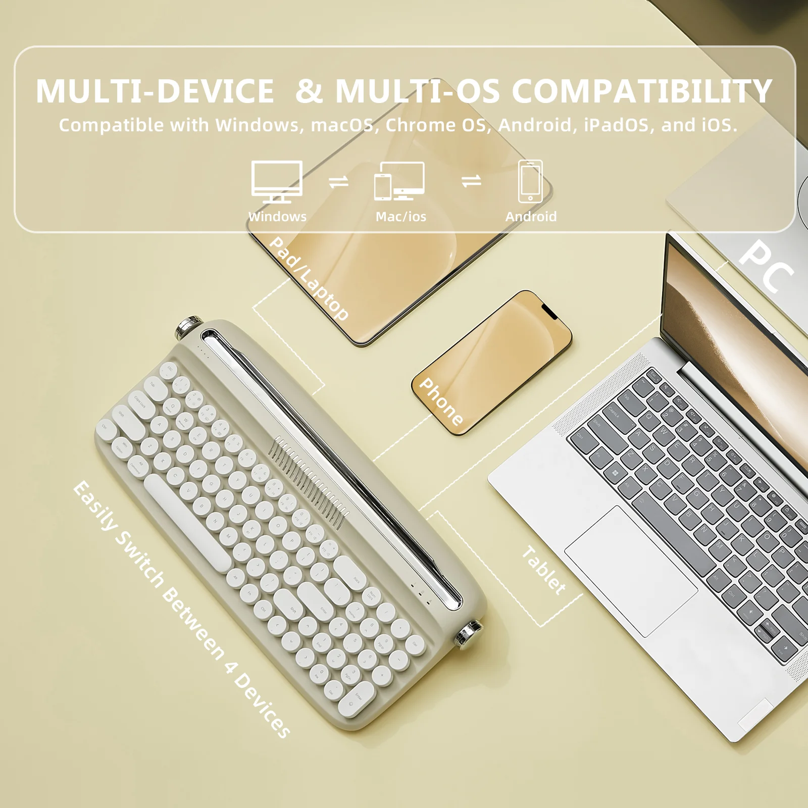 YUNZII ACTTO B309 Upgraded Rechargeable Wireless Retro Typewriter Keyboard - Image 5