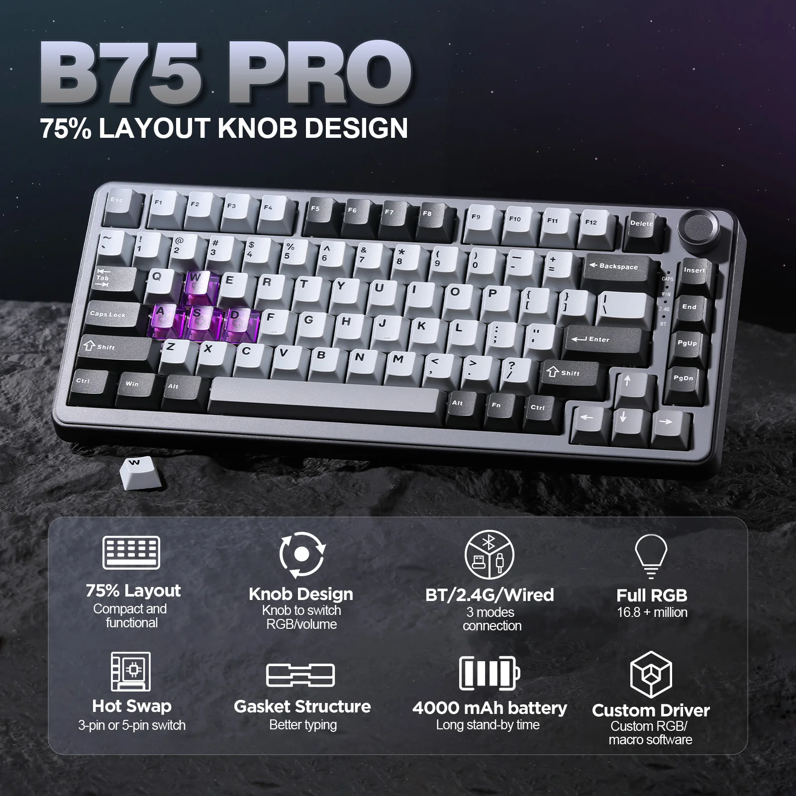 YUNZII B75 Pro Dark Gray Wireless Mechanical Keyboard - Image 3