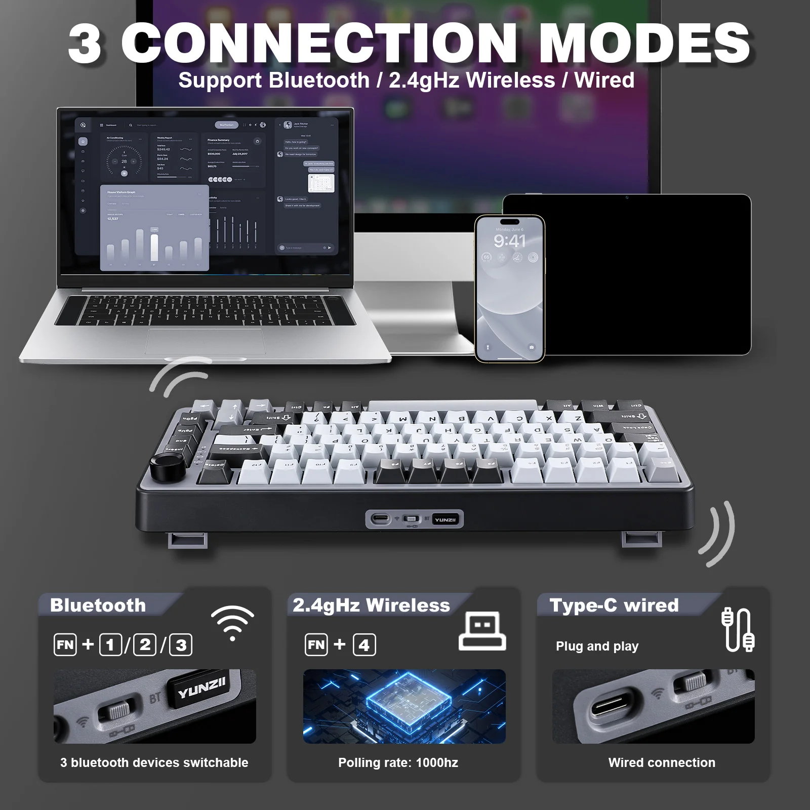 YUNZII B75 Pro Dark Gray Wireless Mechanical Keyboard - Image 9