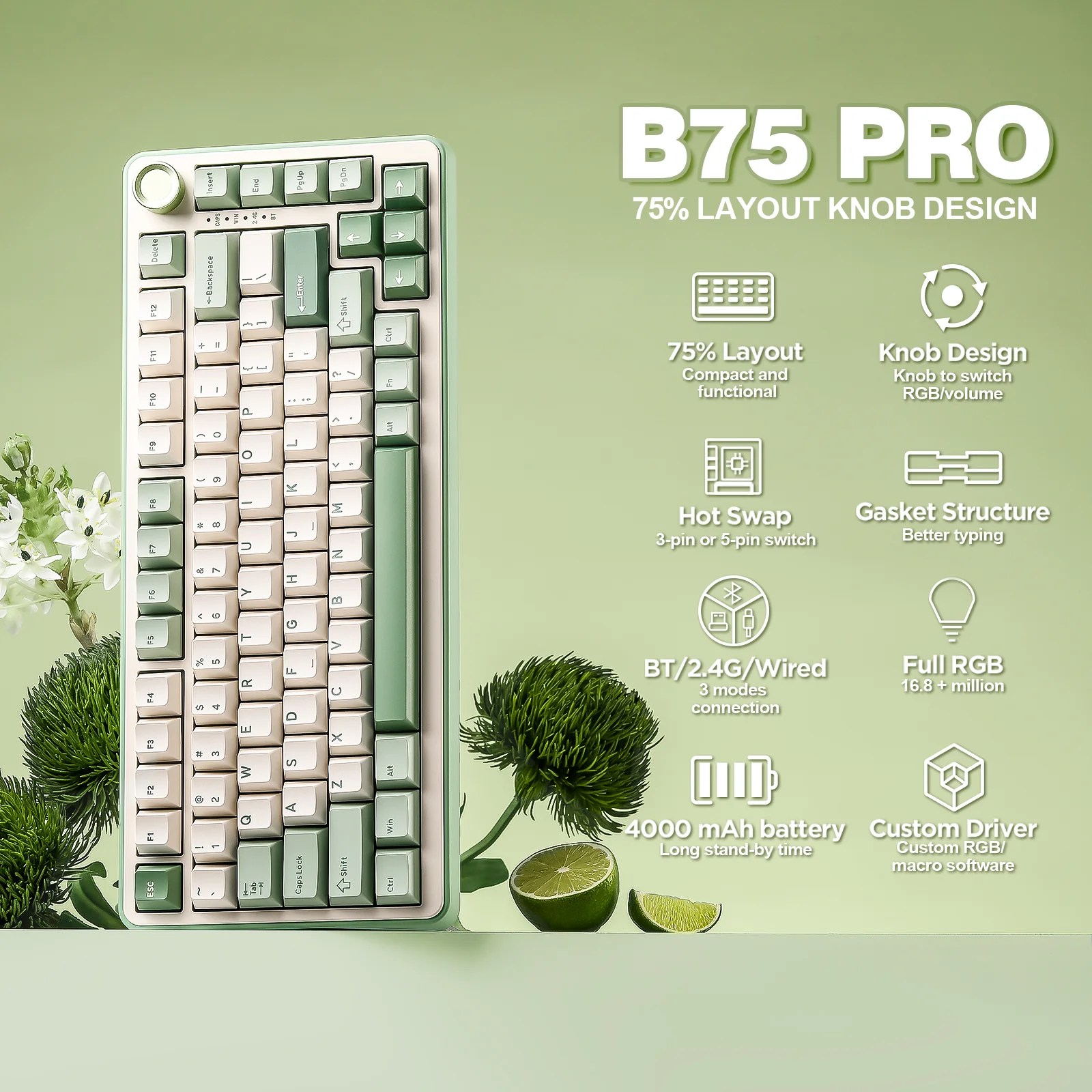 YUNZII B75 Pro Green Wireless Mechanical Keyboard - Image 3