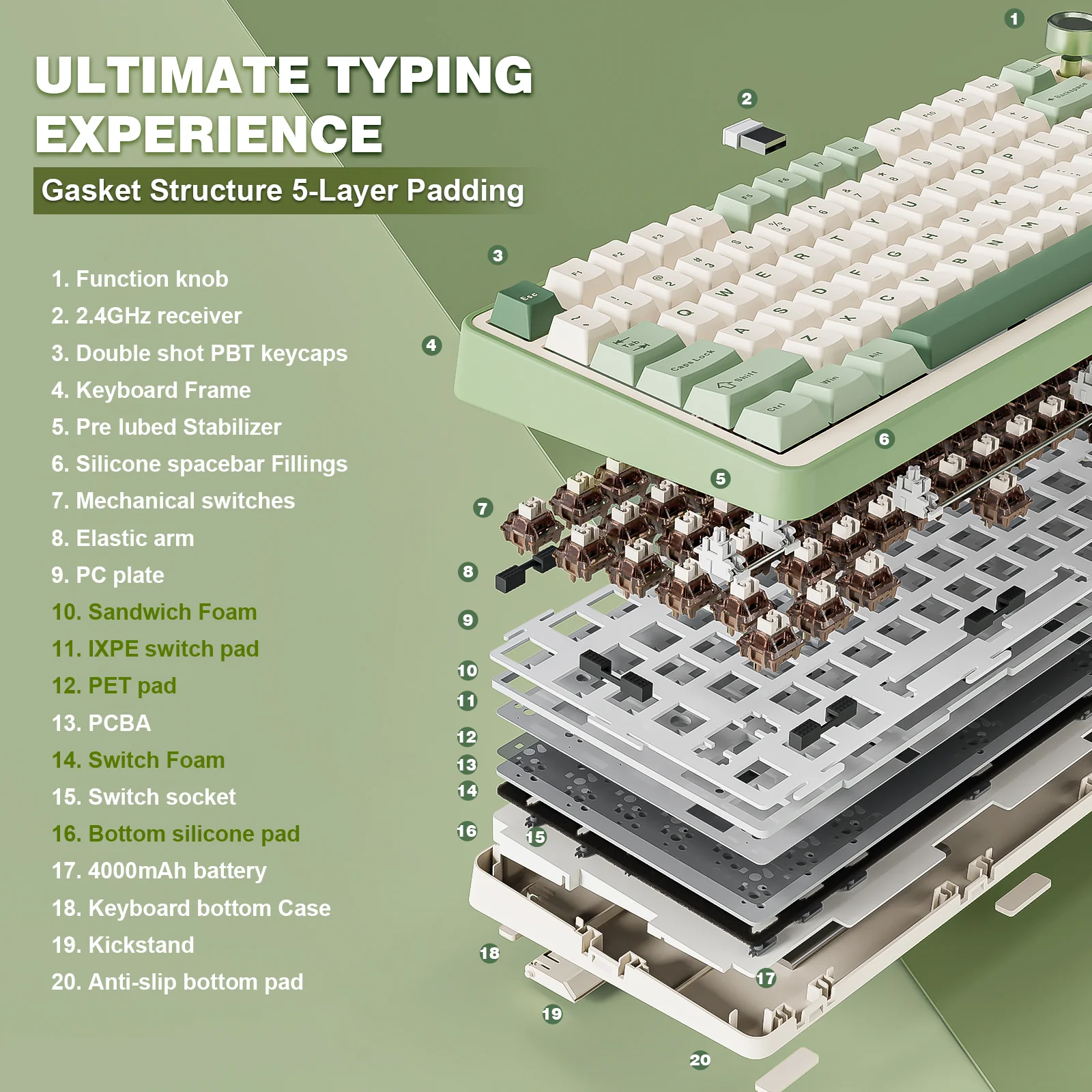 YUNZII B75 Pro Green Wireless Mechanical Keyboard - Image 5