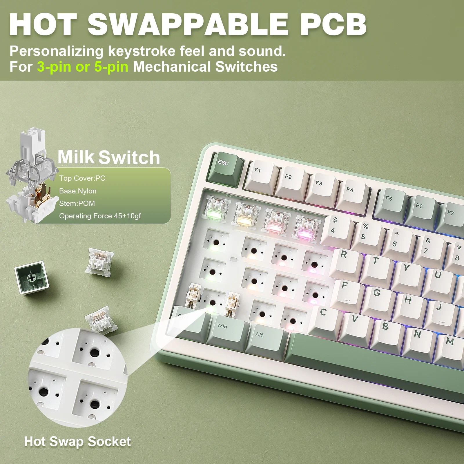 YUNZII B75 Pro Green Wireless Mechanical Keyboard - Image 6