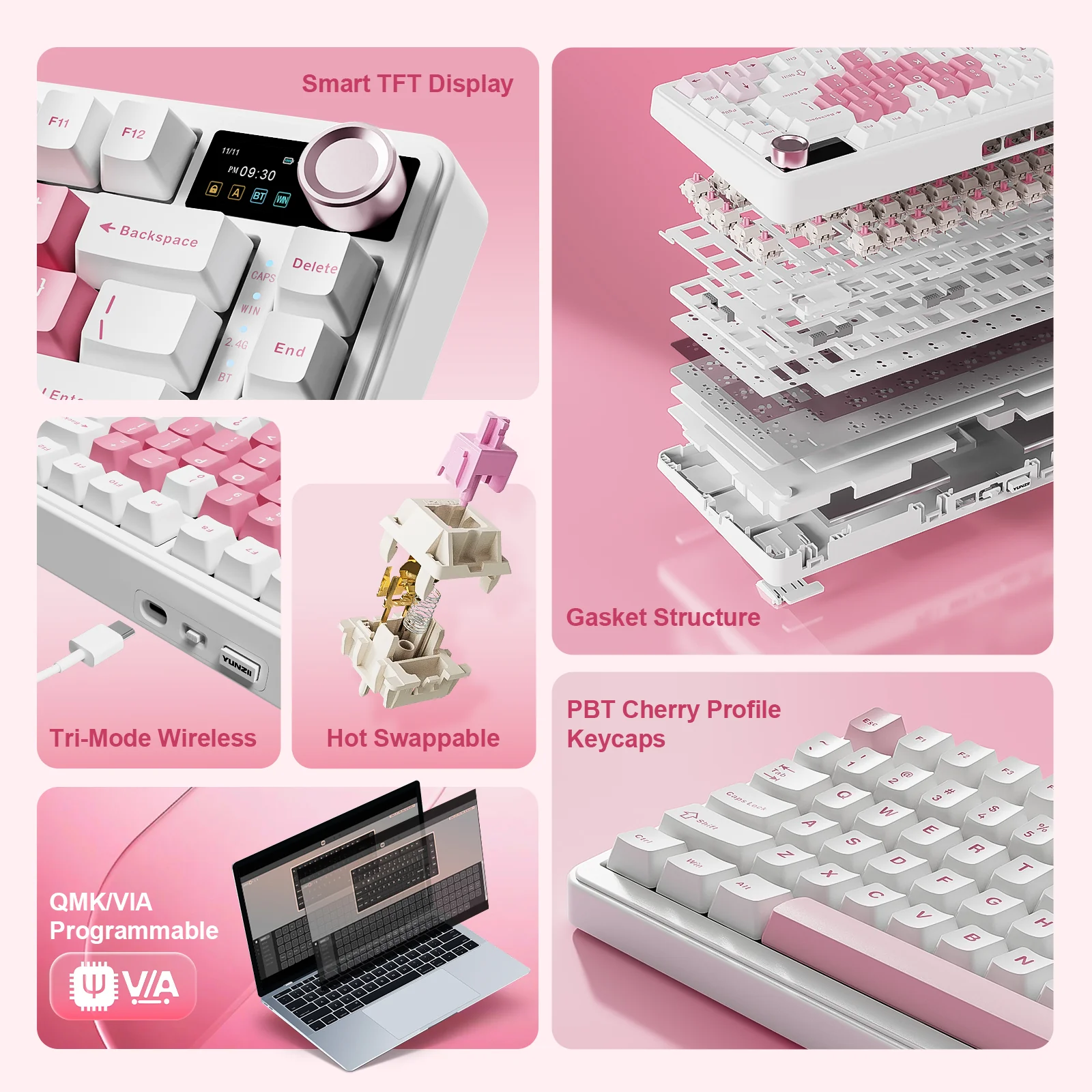 YUNZII B75 PRO MAX QMK/VIA Knob TFT Screen Wireless Mechanical Keyboard - Image 6