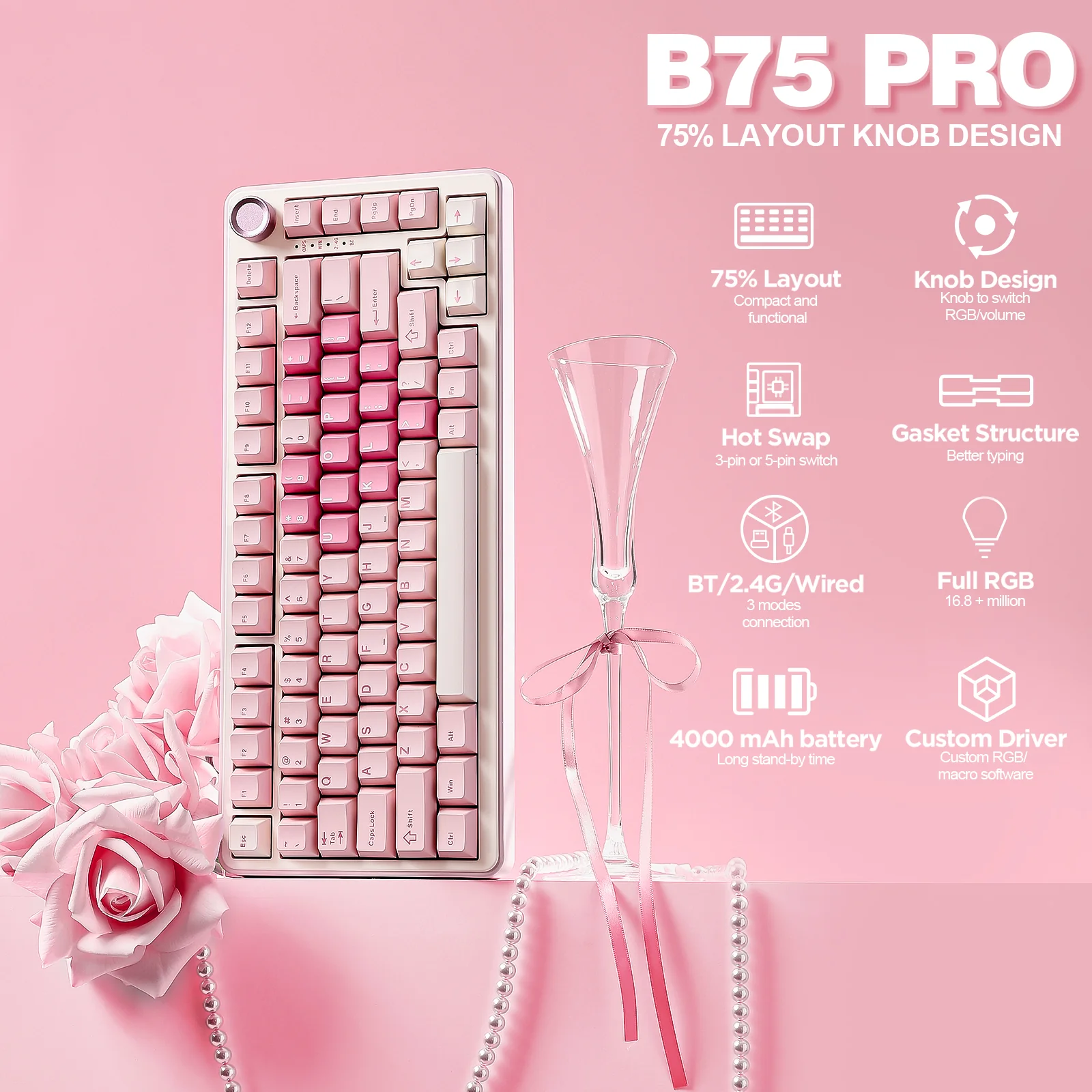YUNZII B75 Pro Pink Wireless Mechanical Keyboard - Image 3