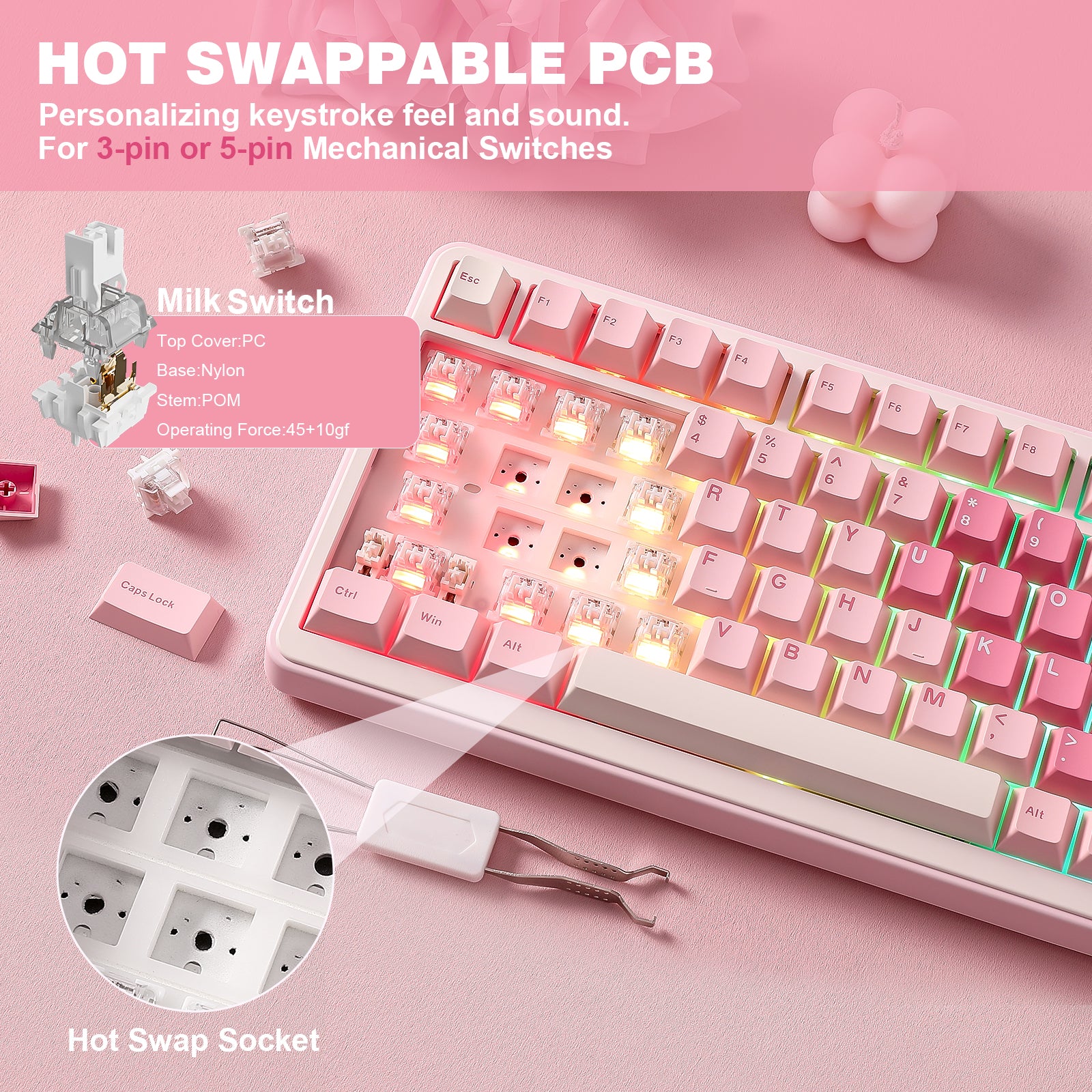 YUNZII B75 Pro Pink Wireless Mechanical Keyboard - Image 6