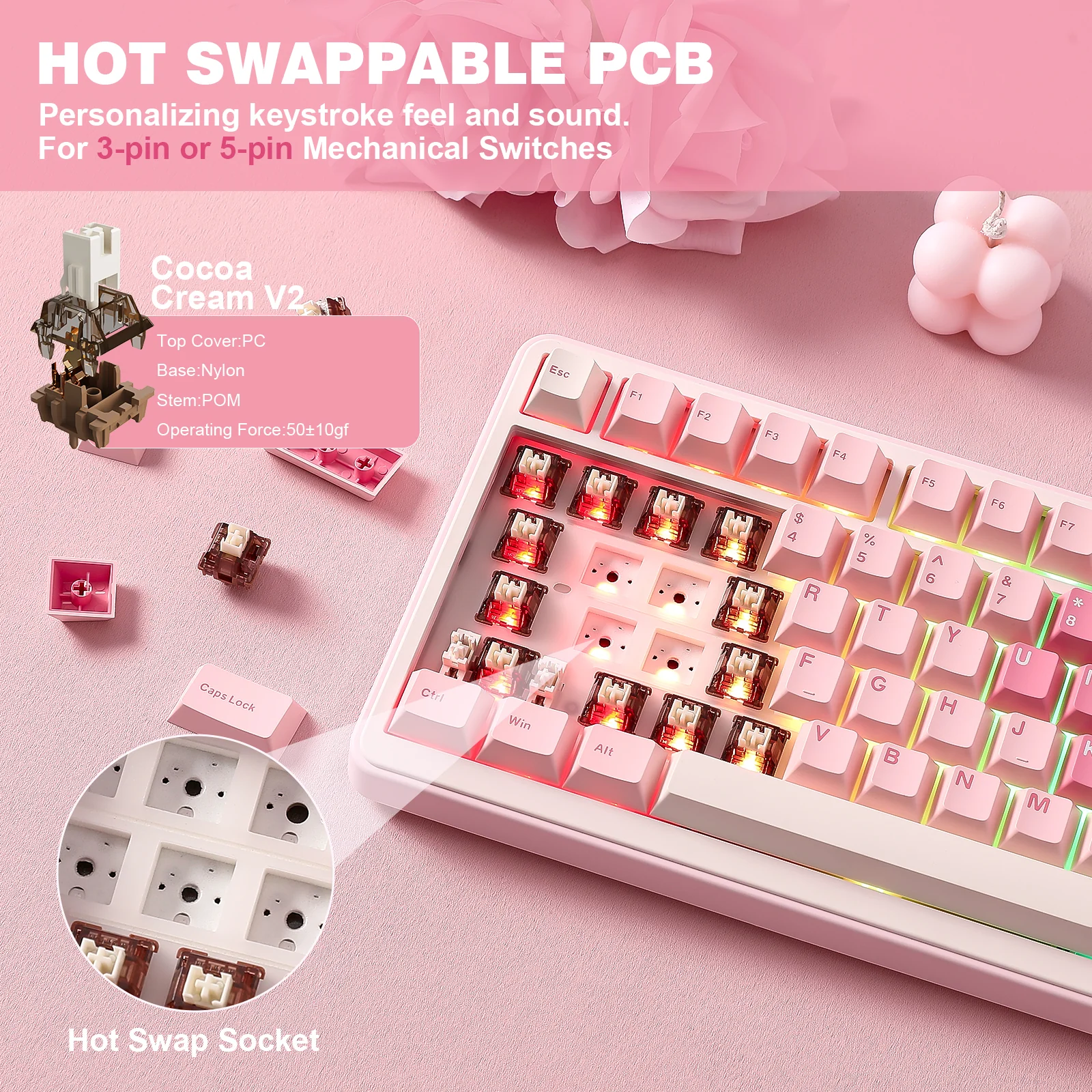 YUNZII B75 Pro Pink Wireless Mechanical Keyboard - Image 7