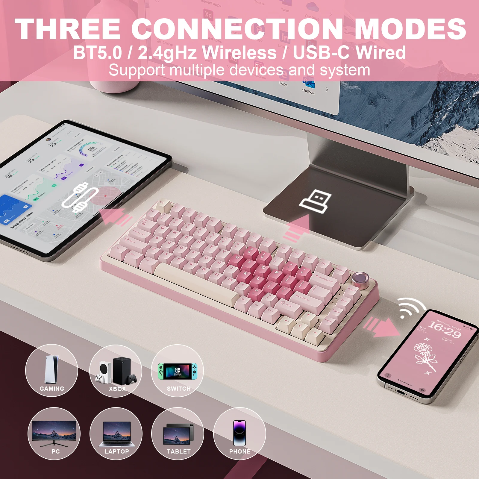 YUNZII B75 Pro Pink Wireless Mechanical Keyboard - Image 8