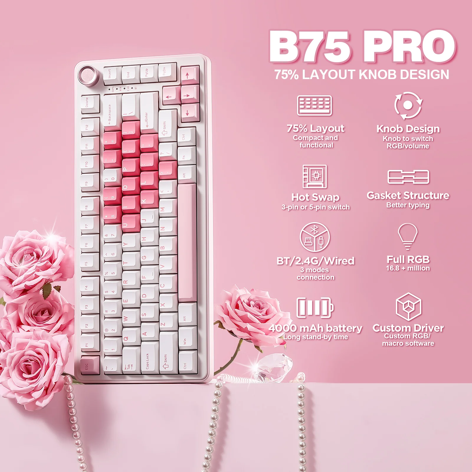 YUNZII B75 Pro White Heart Wireless Mechanical Keyboard - Image 3