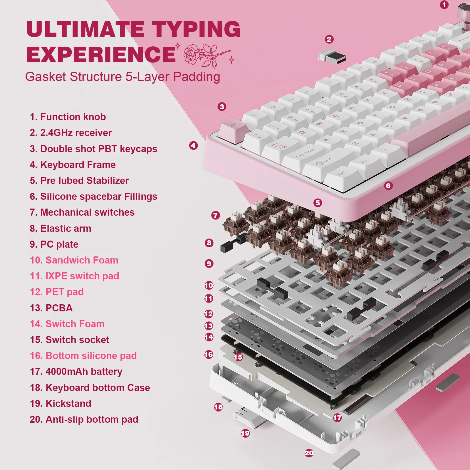 YUNZII B75 Pro White Heart Wireless Mechanical Keyboard - Image 9