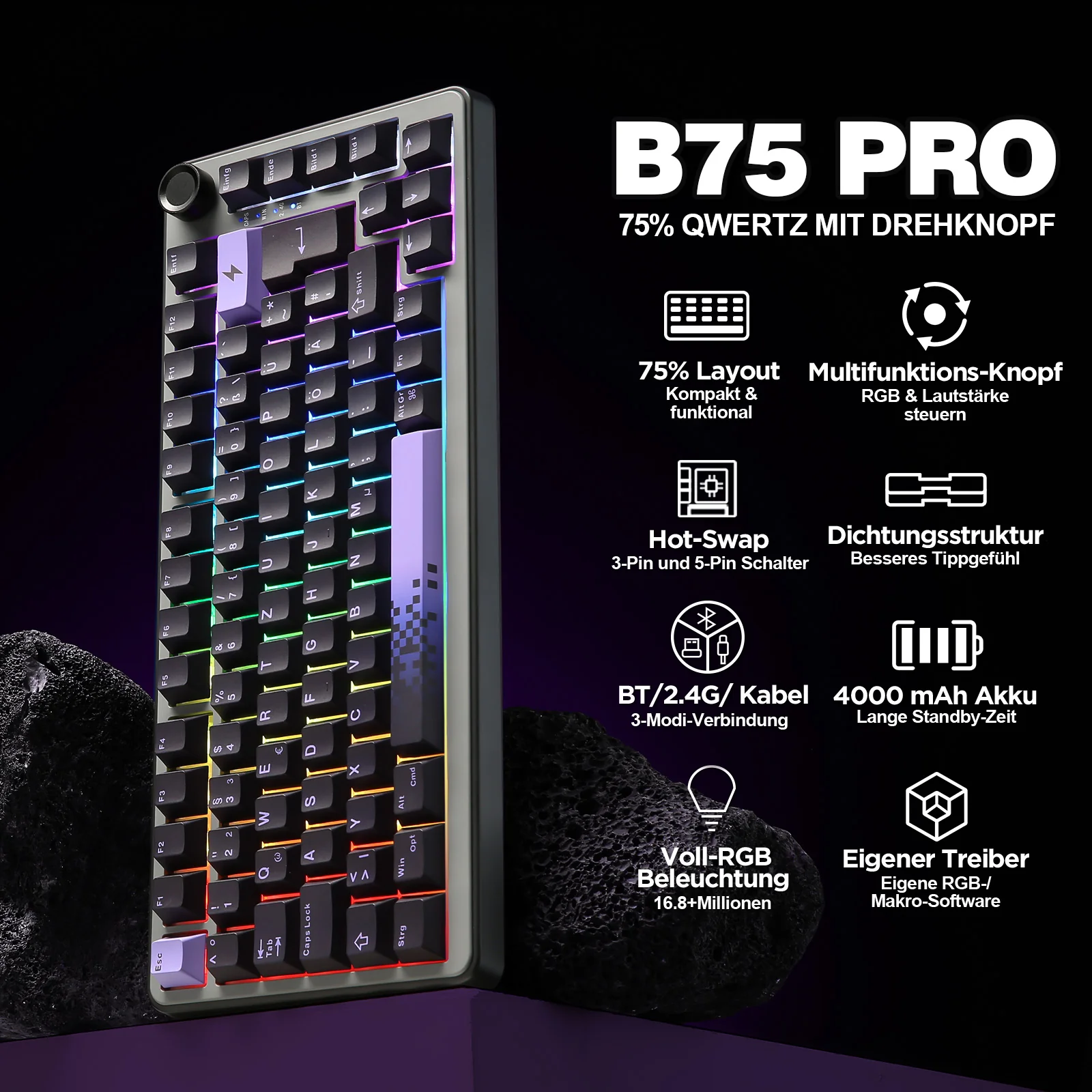 YUNZII B75 Pro Wireless Mechanical Keyboard - ISO Layout - Image 3