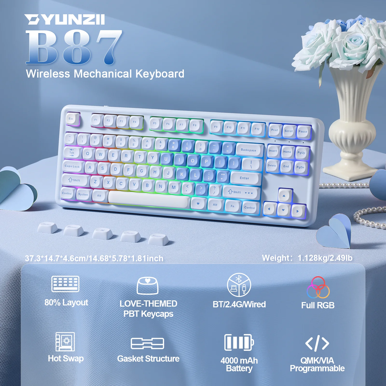 YUNZII B87 Blue Heart QMK/VIA Custom Mechanical Keyboard - Image 3