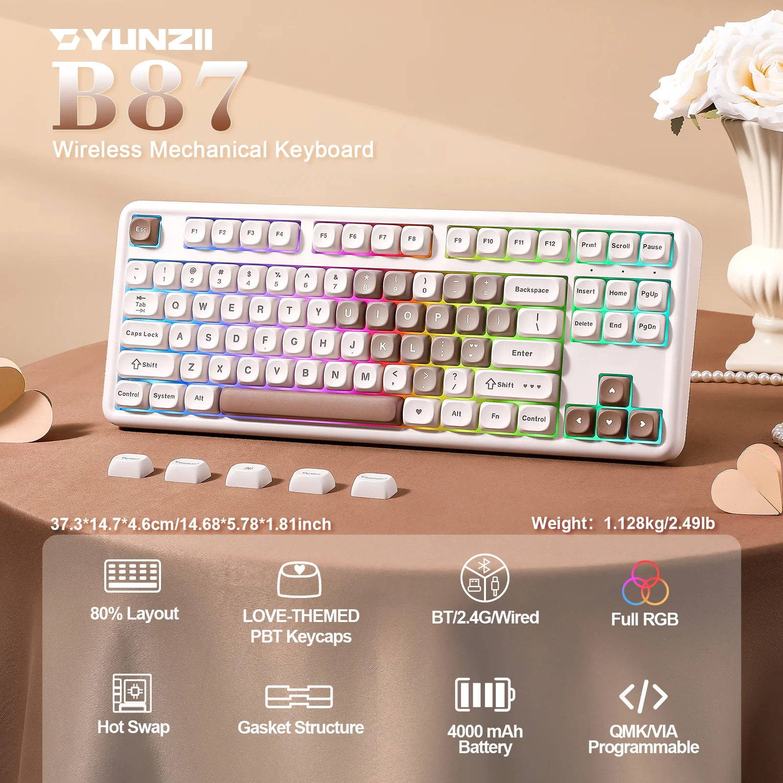YUNZII B87 Brown Heart QMK/VIA Custom Mechanical Keyboard - Image 3