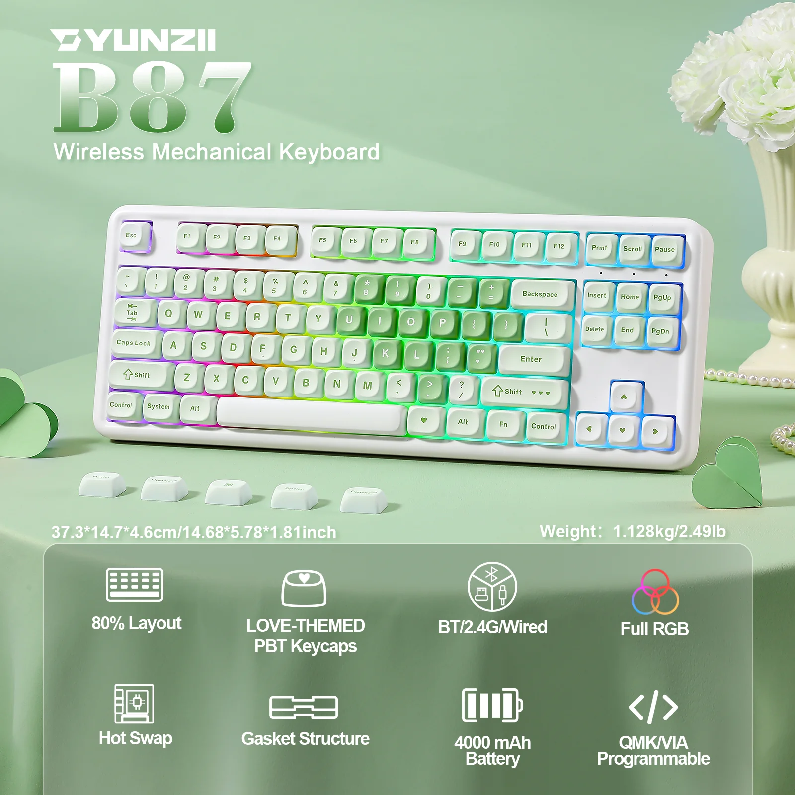 YUNZII B87 Matcha Heart QMK/VIA Custom Mechanical Keyboard - Image 3