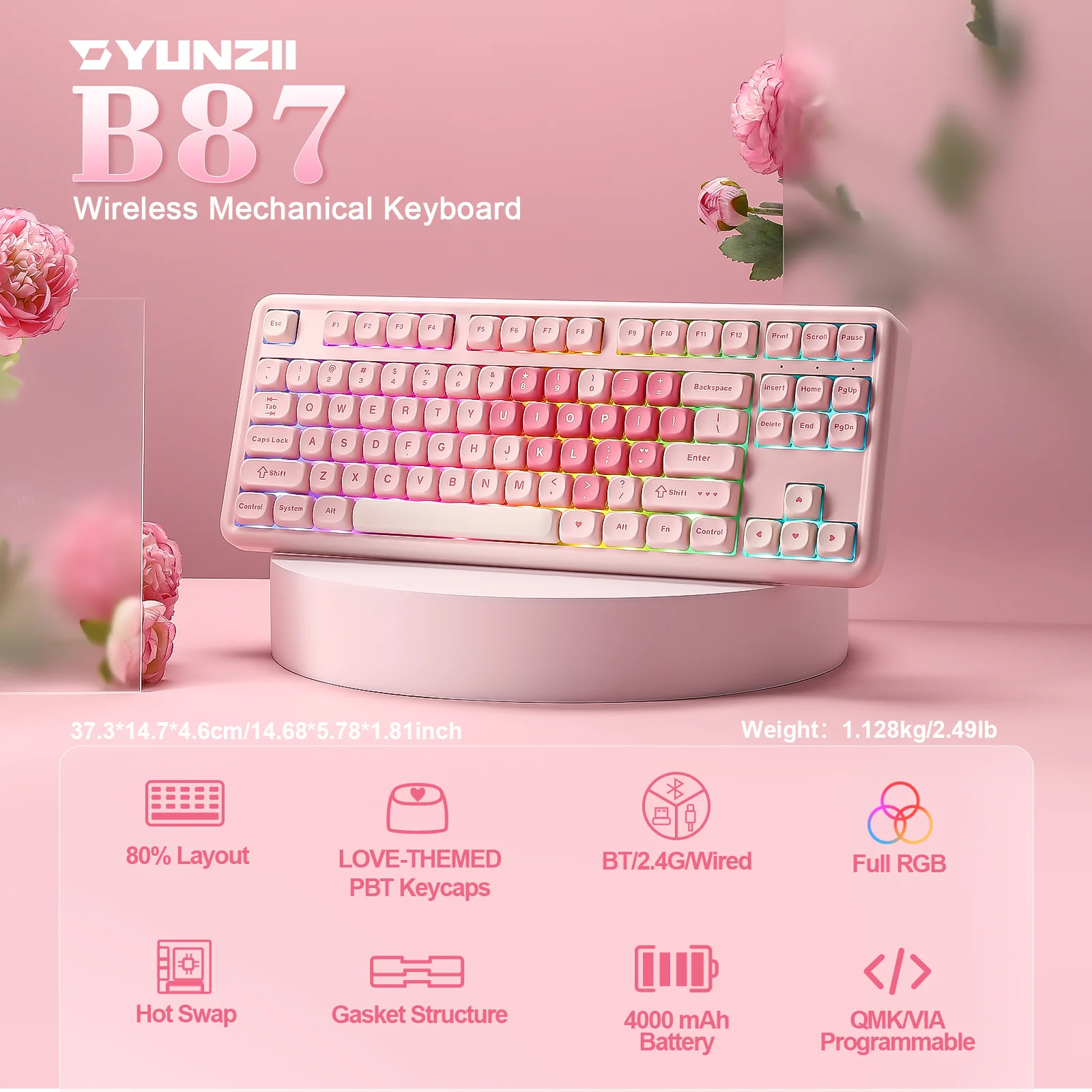 YUNZII B87 Pink QMK/VIA Custom Mechanical Keyboard - Image 3