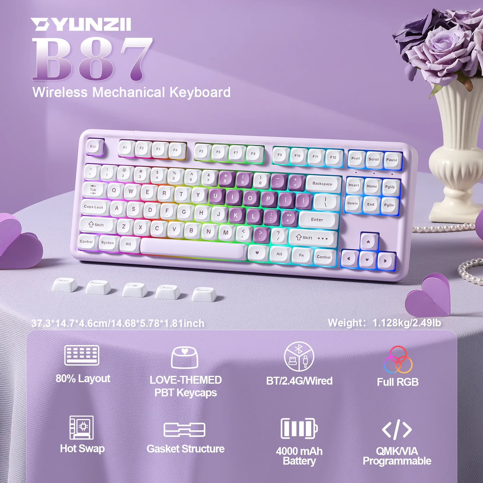 YUNZII B87 Purple Heart QMK/VIA Custom Mechanical Keyboard - Image 3