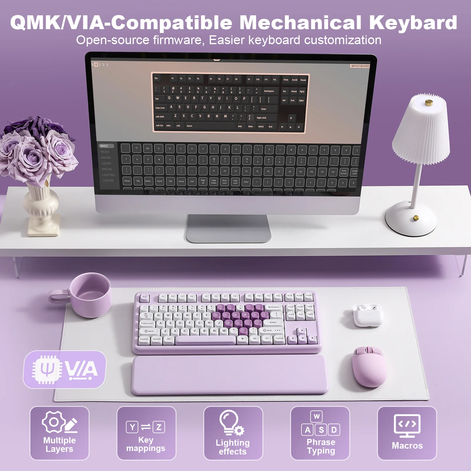 YUNZII B87 Purple Heart QMK/VIA Custom Mechanical Keyboard - Image 7