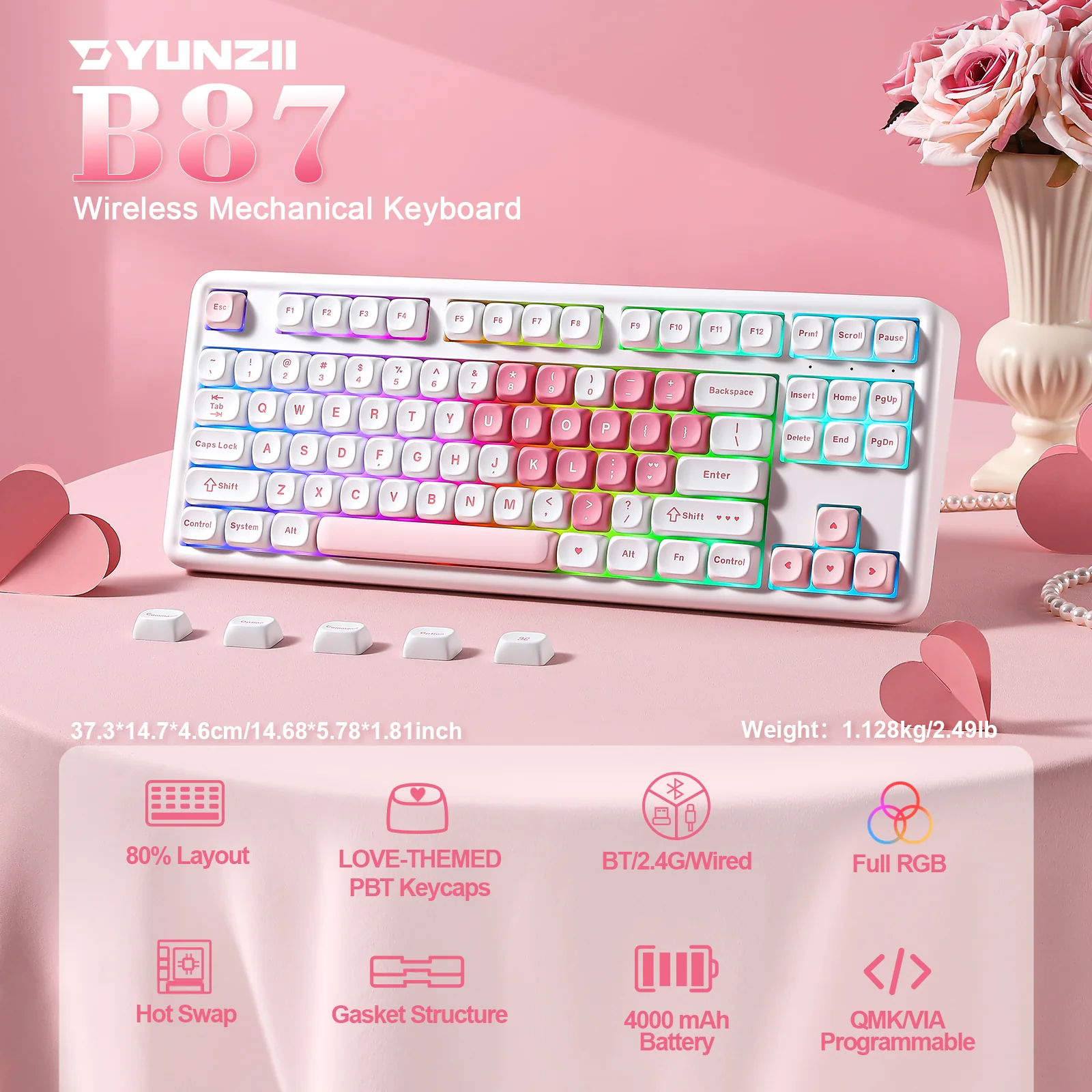 YUNZII B87 White Heart QMK/VIA Custom Mechanical Keyboard - Image 3