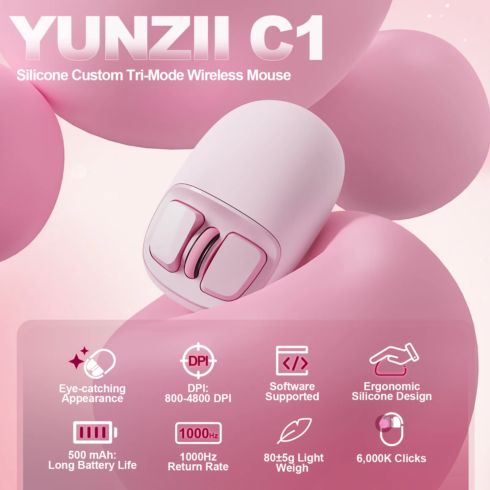 YUNZII C1 Silicone Tri-Mode Wireless Custom Mouse - Image 3