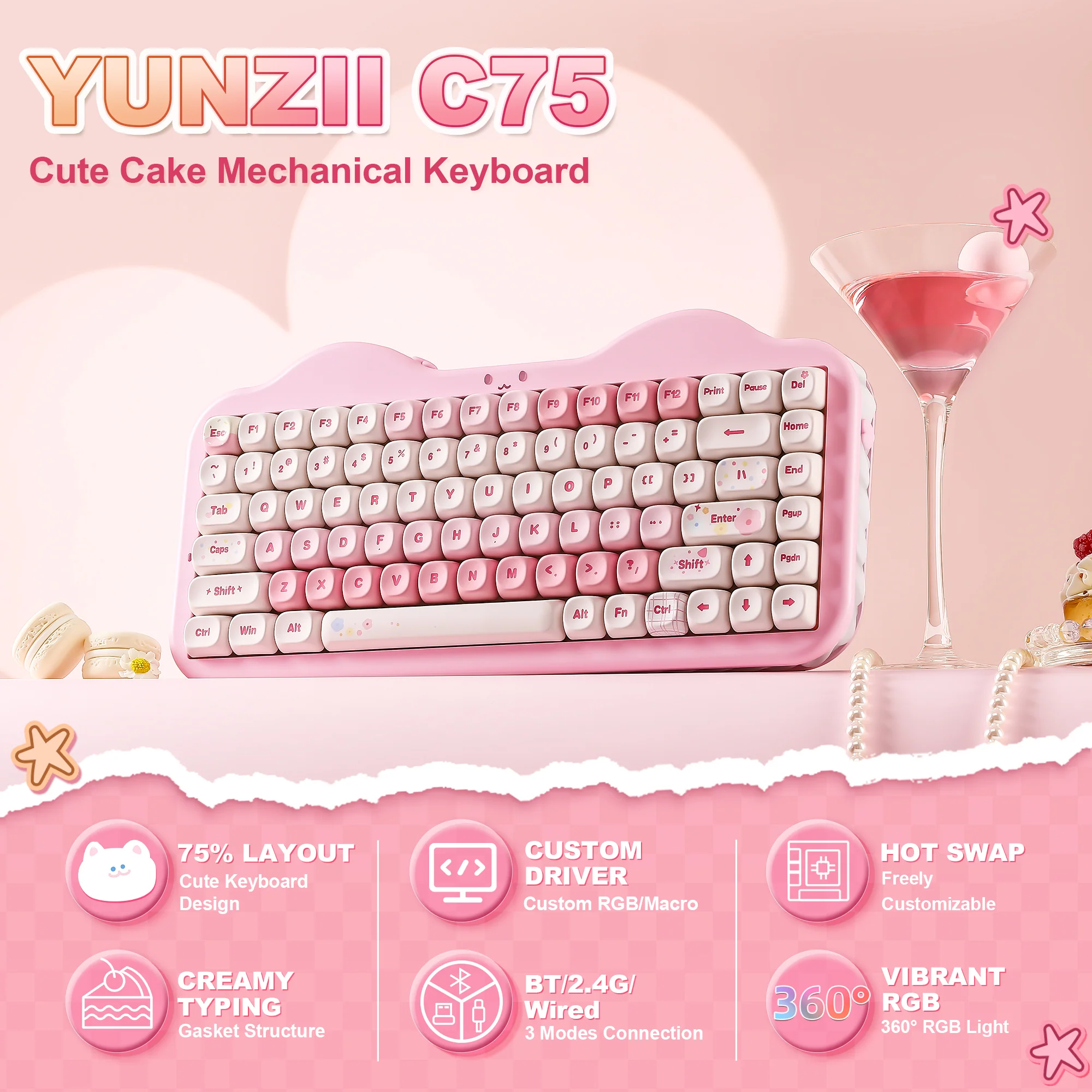 YUNZII C75 Cake Meow Wireless Mechanical Keyboard - Image 3