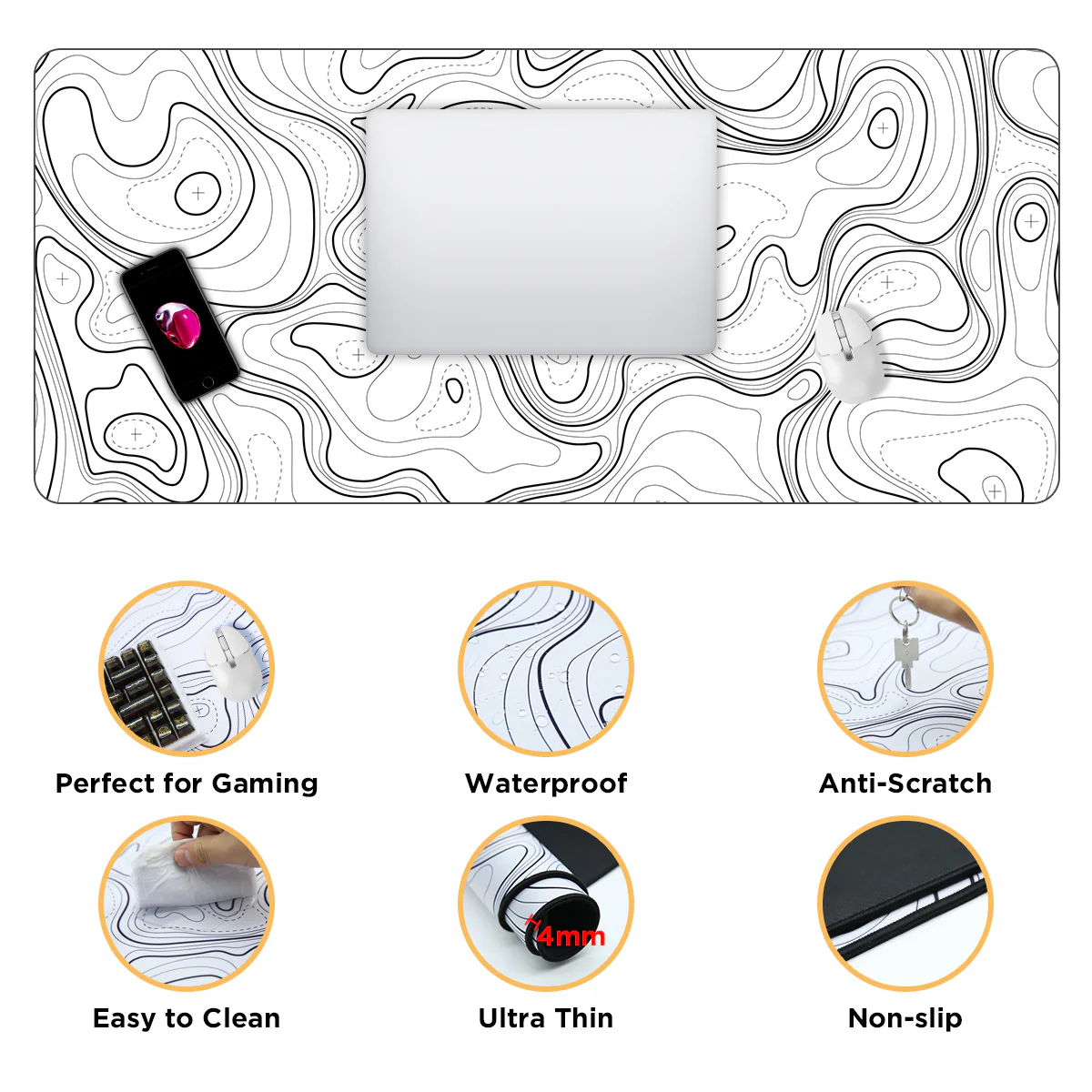 YUNZII Desk Pad Mouse Mat - White Topographic - Image 3