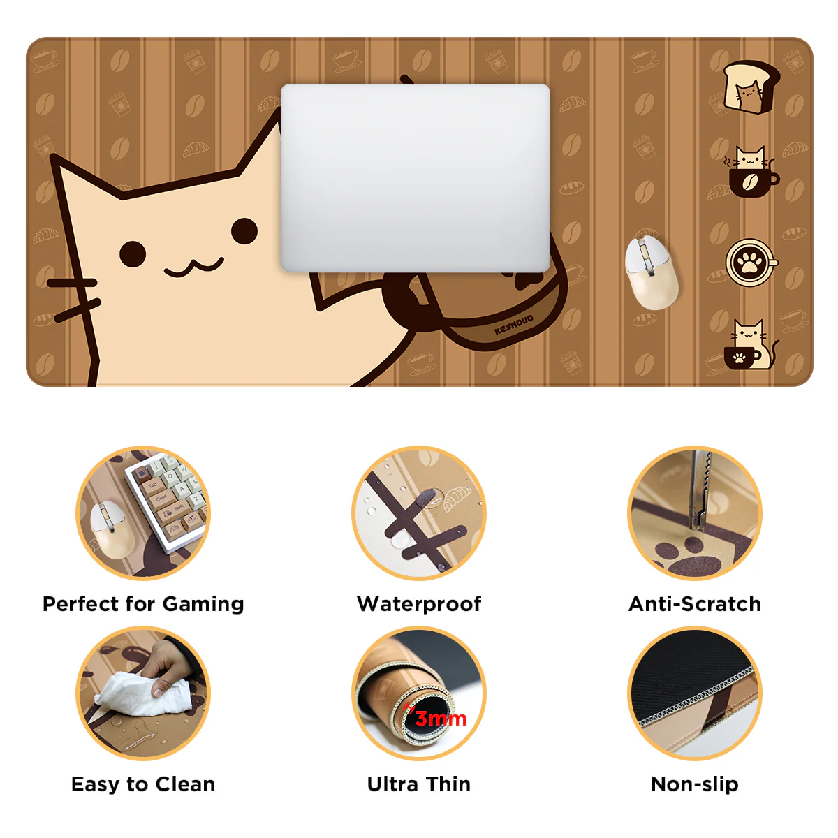 YUNZII Keynovo Mouse Mat Desk Pad- - Coffee Cat - Image 3