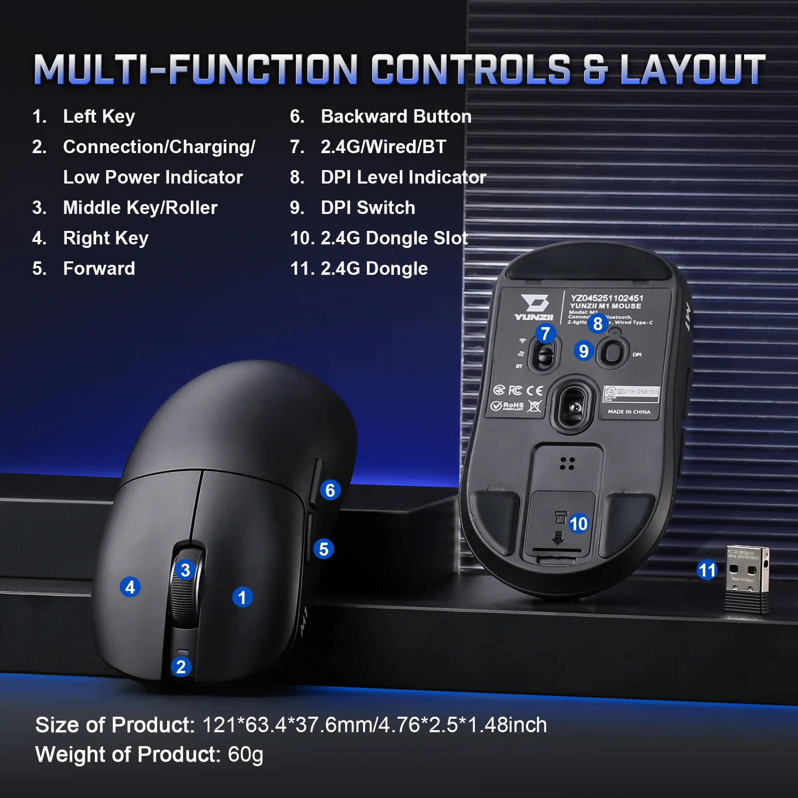 YUNZII M1 Lightweight Tri-Mode Wireless Custom Mouse - Image 5