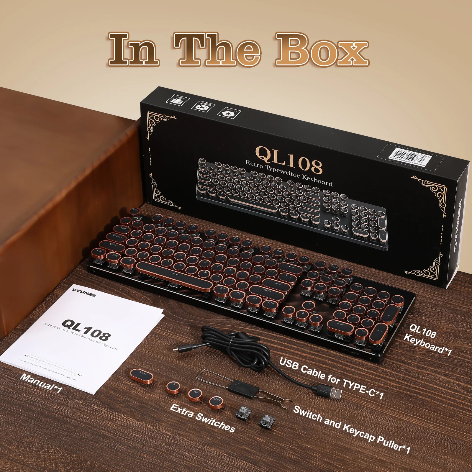 YUNZII QL108 Full-Size Wired Typewriter Style Custom Mechanical Keyboard - Image 11