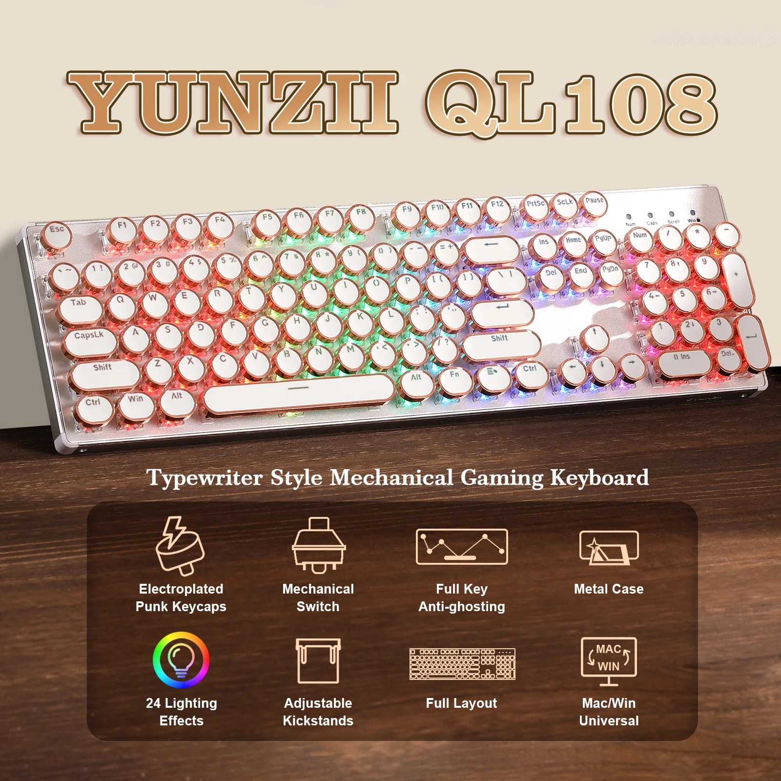 YUNZII QL108 Full-Size Wired Typewriter Style Custom Mechanical Keyboard - Image 3