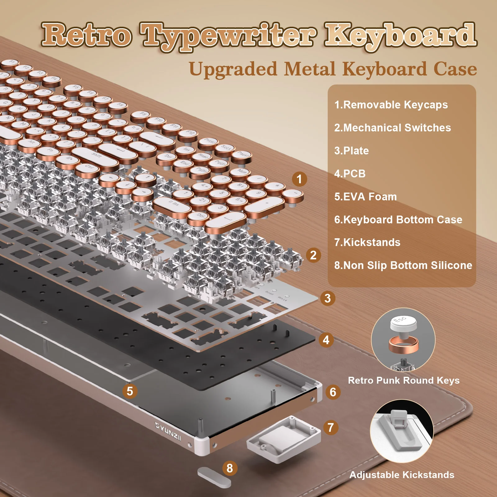 YUNZII QL108 Full-Size Wired Typewriter Style Custom Mechanical Keyboard - Image 6