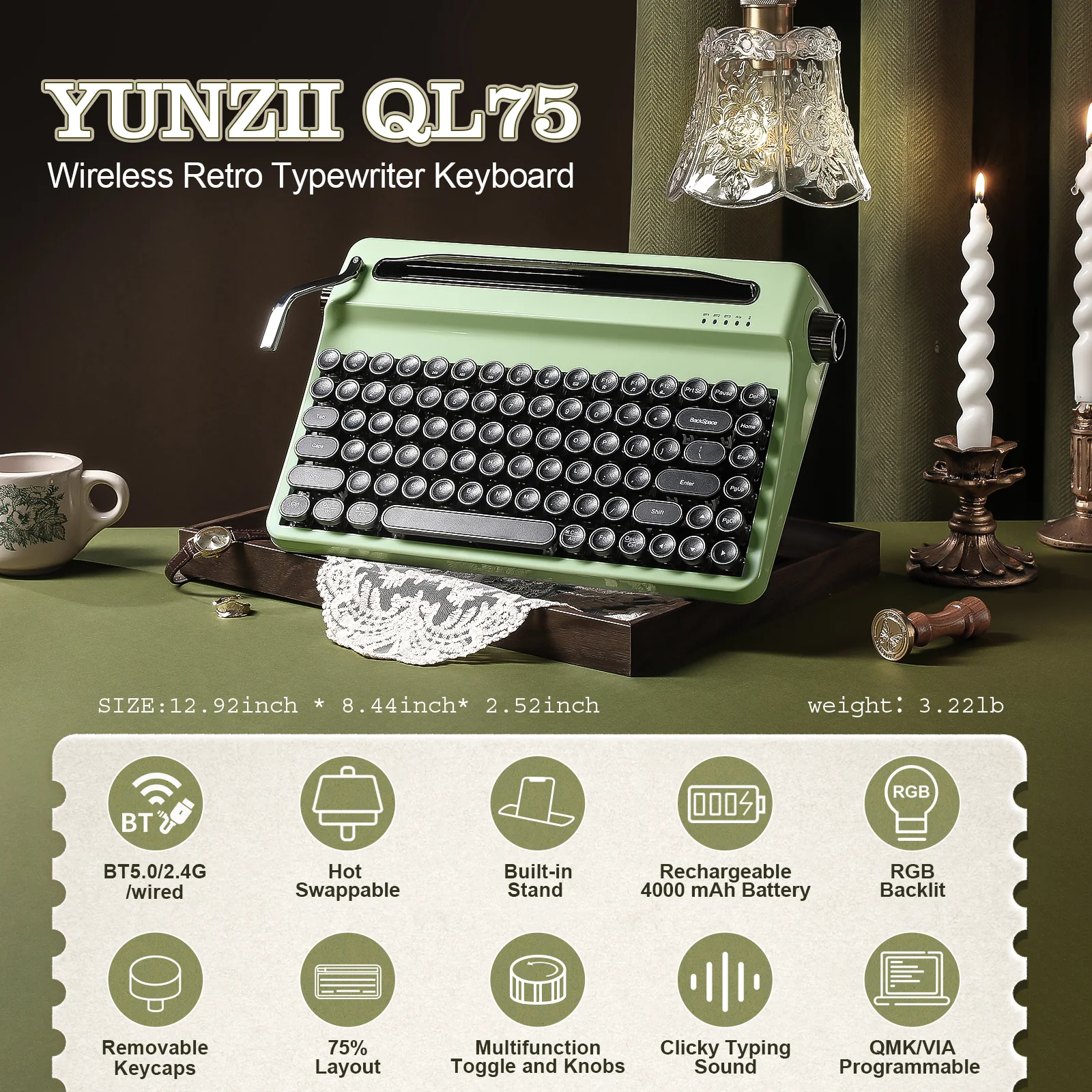YUNZII QL75 Retro Typewriter QMK/VIA Mechanical Keyboard - Image 3