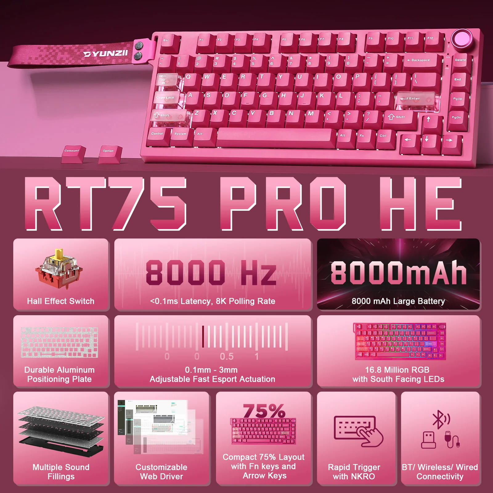 YUNZII RT75 PRO Dual-8K Rapid Trigger Wireless Gaming Magnetic Keyboard - Image 3