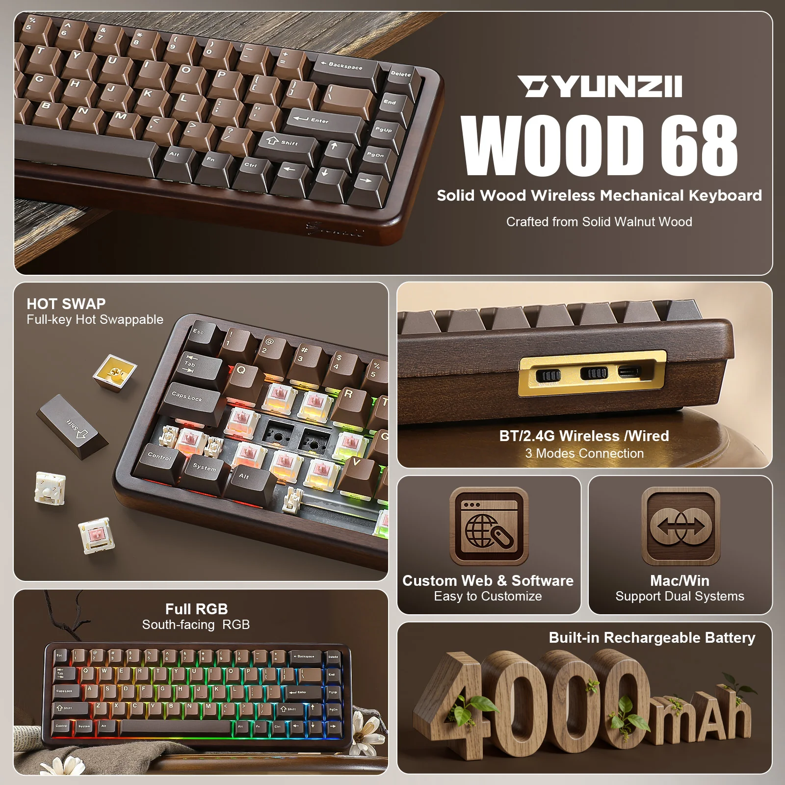 YUNZII WOOD68 Wireless Mechanical Keyboard - Image 3