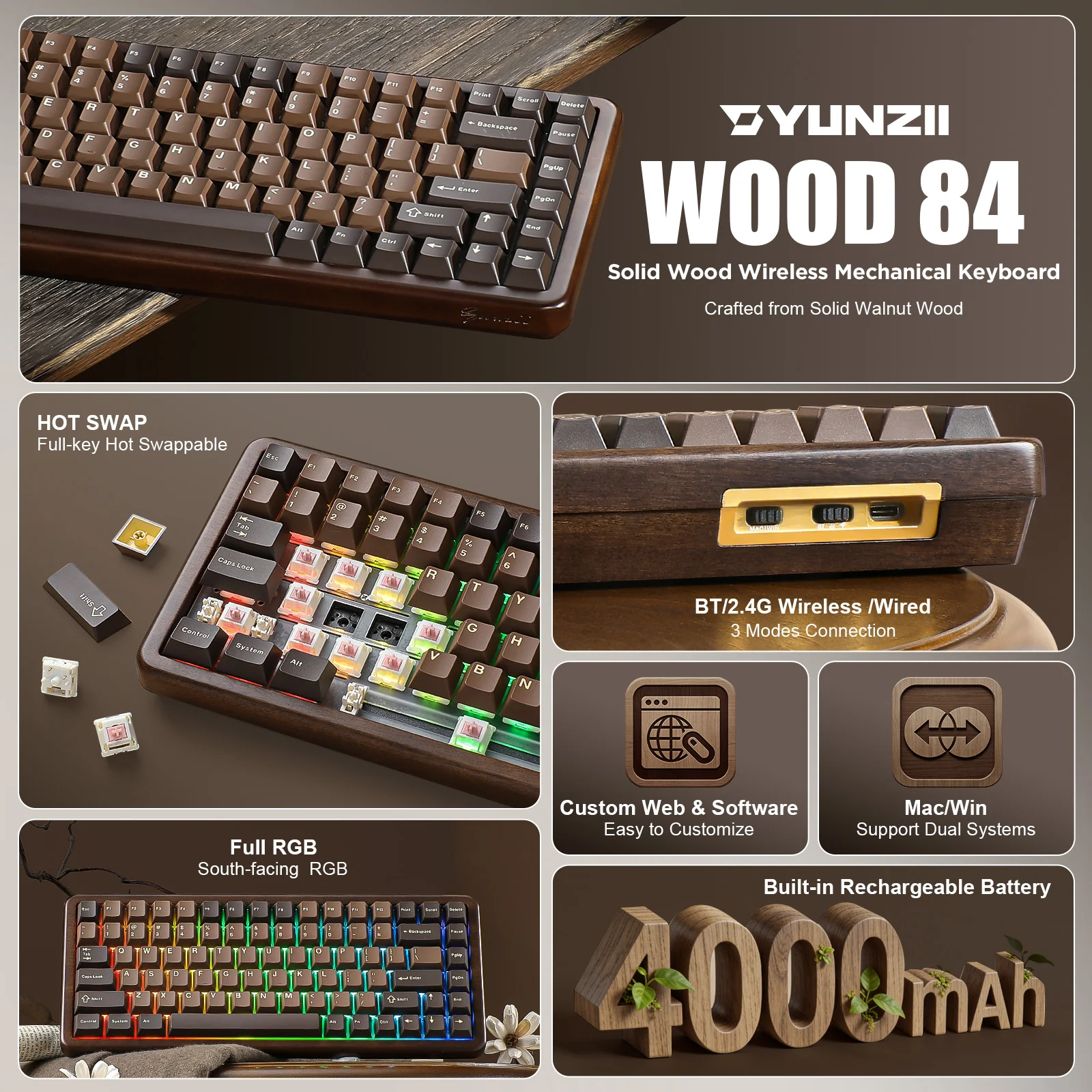YUNZII WOOD84 Wireless Mechanical Keyboard - Image 3