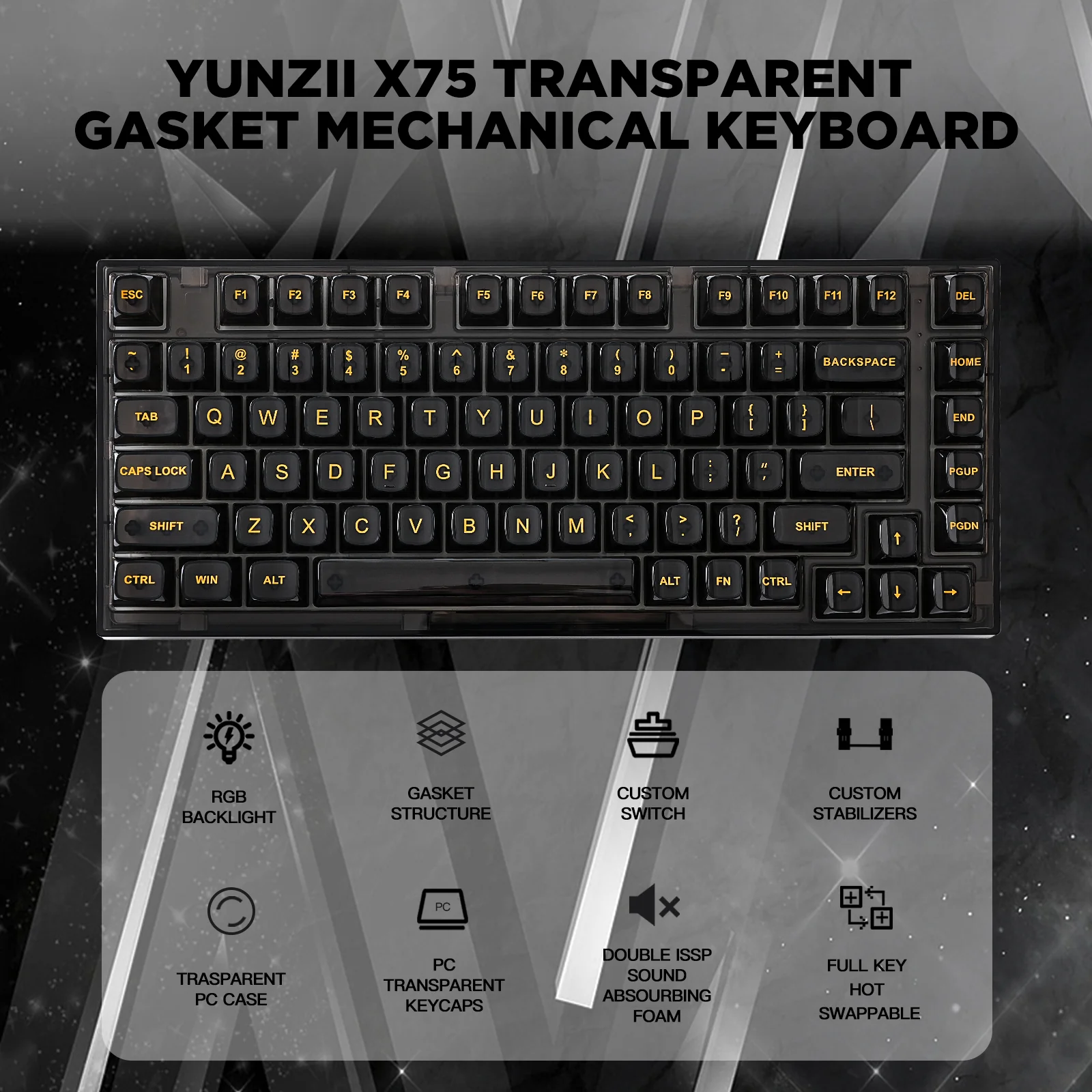 YUNZII X75 82 Keys Wired Hot Swappable Gasket Transparent Mechanical Keyboard - Image 3
